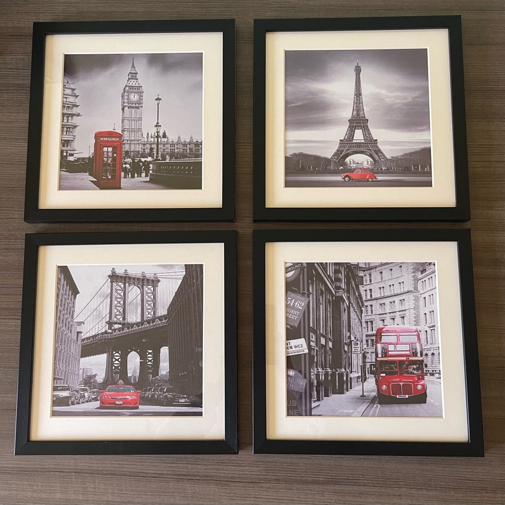Set of 4 Black Framed City Photo Prints with Red Accent